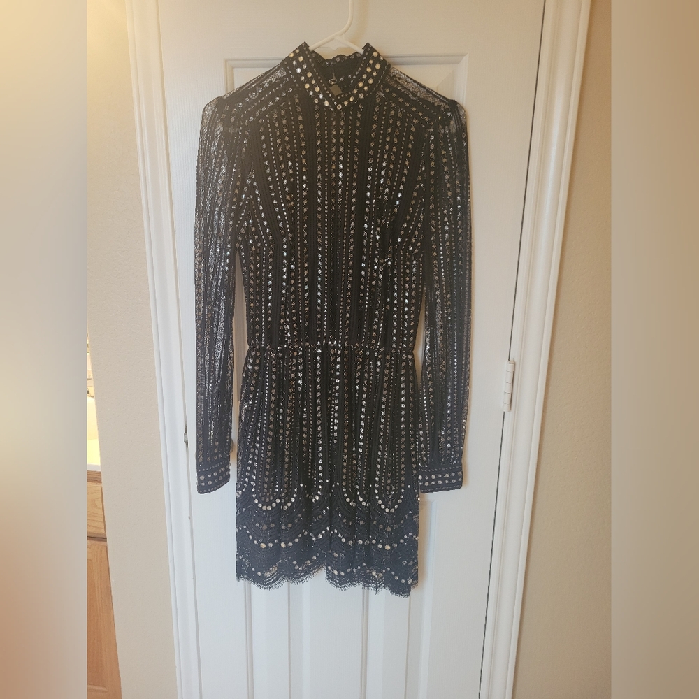 Michael Kors Black and White Patterned Long Sleeve Dress